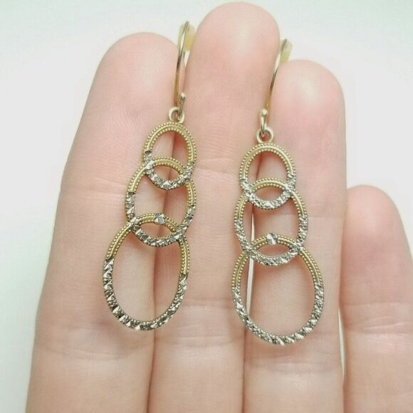 Vintage Sterling Silver and Gold Overlay Dangle Interlocking Hoop Earrings - Picture 2 of 7